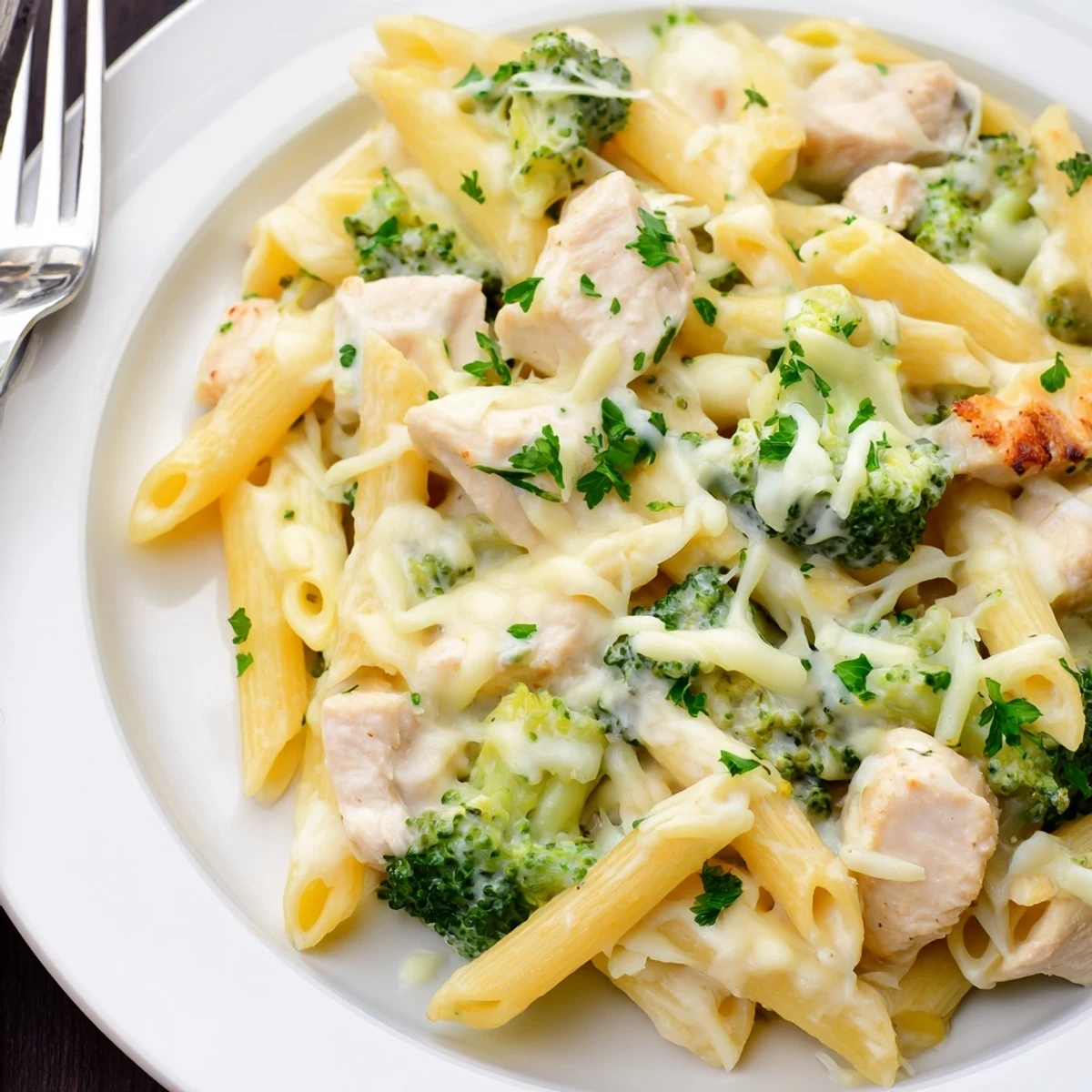 Savory Chicken Broccoli Alfredo Bake fresh from oven, served with garlic bread