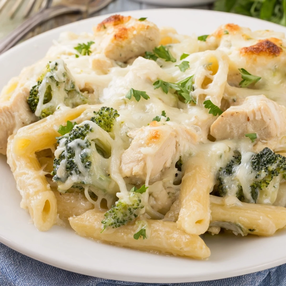 Creamy Chicken Broccoli Alfredo Bake bubbling with golden cheese, parsley garnish