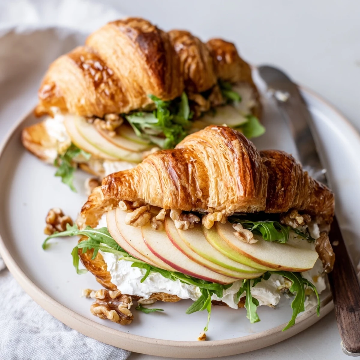 Buttery Apple Goat Cheese Croissant Sandwich drizzled with honey, ready for brunch