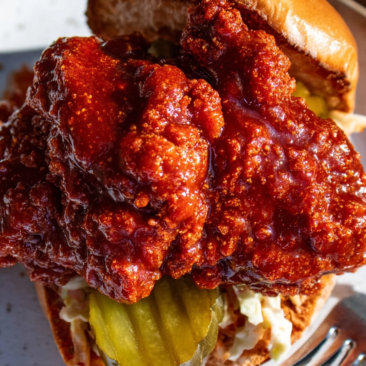 Serve Spicy Nashville Hot Chicken Sandwiches with creamy slaw and cold iced tea  