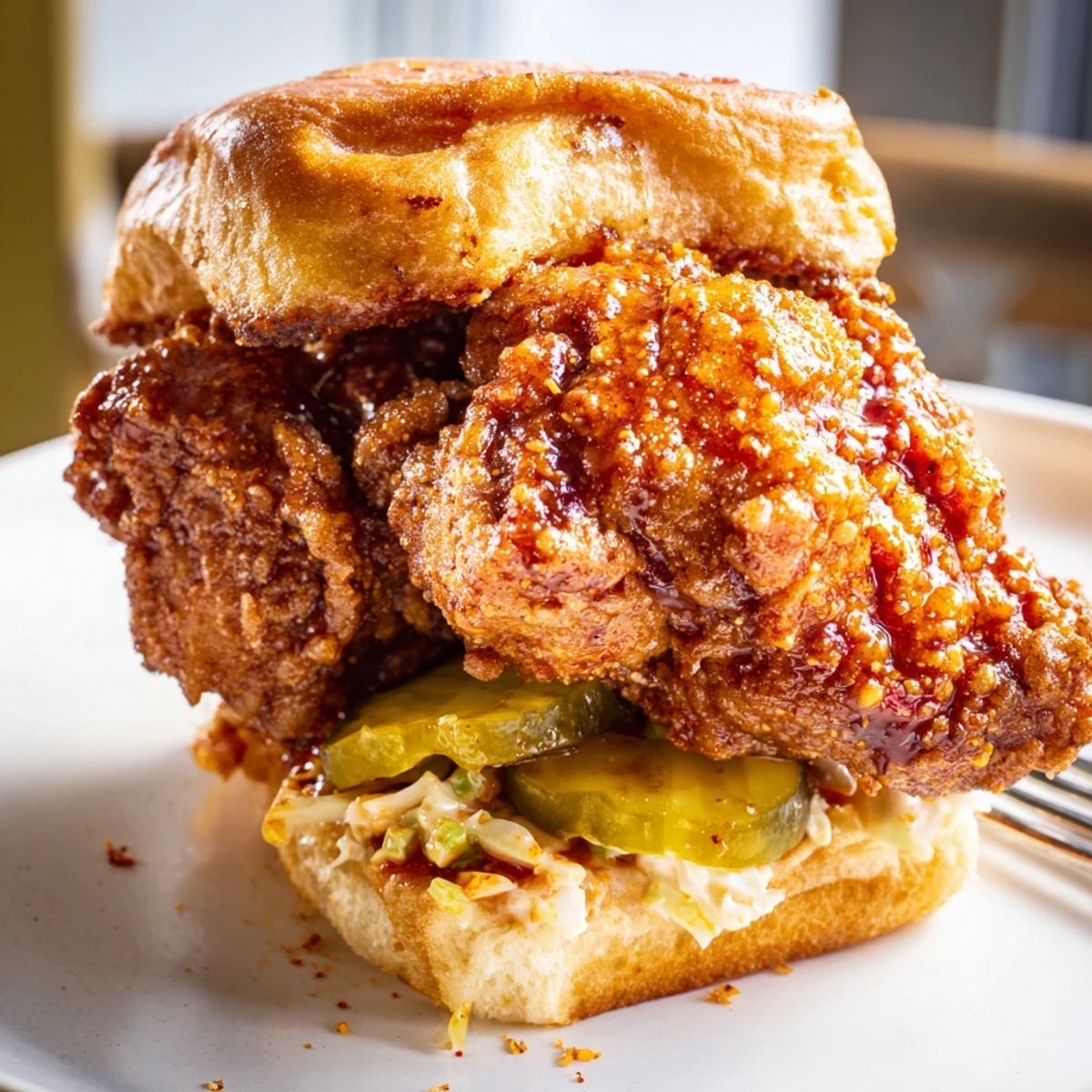 Spicy Nashville Hot Chicken Sandwiches piled on toasted brioche, pickles glistening  