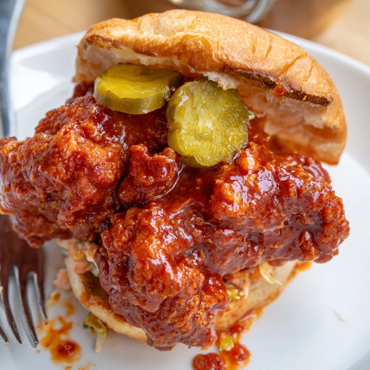 Crispy Spicy Nashville Hot Chicken Sandwiches brushed with fiery oil, offering crunchy bites