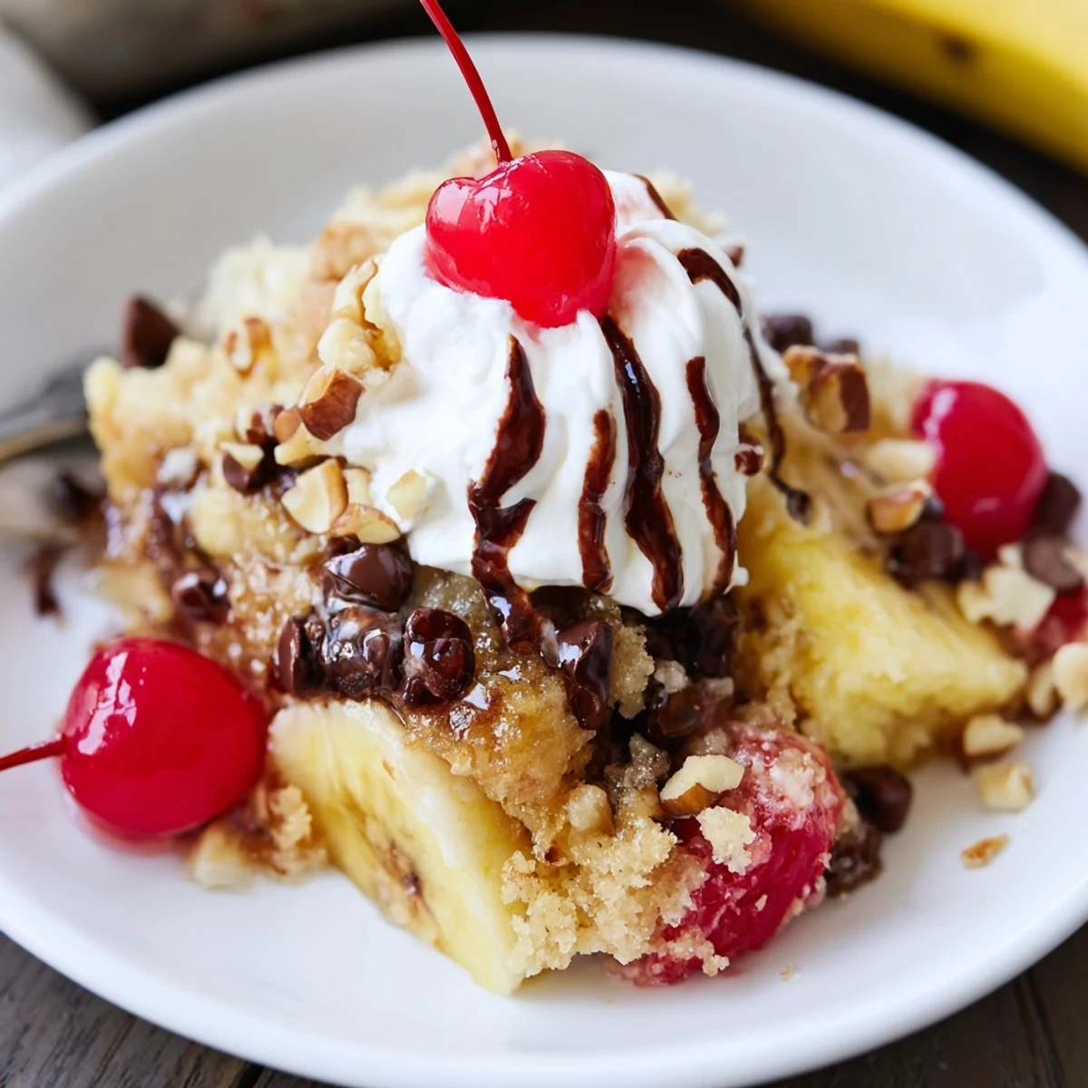 Close-up Banana Split Dump Cake showing sliced bananas, cherries, melted chocolate.