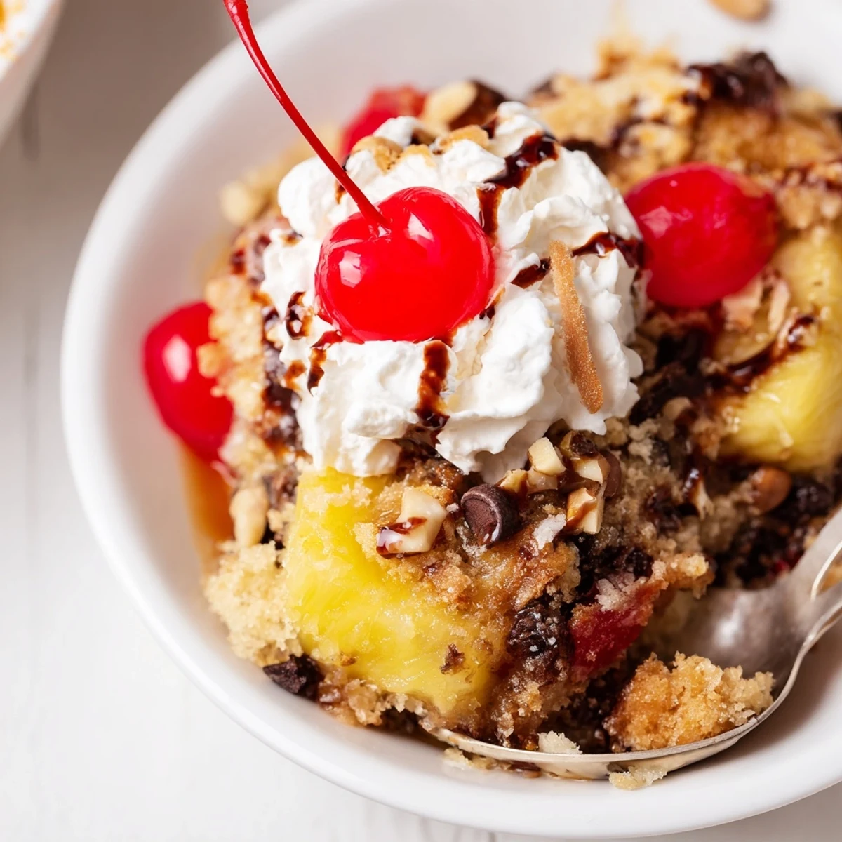 Warm Banana Split Dump Cake bubbling golden, topped with whipped cream.
