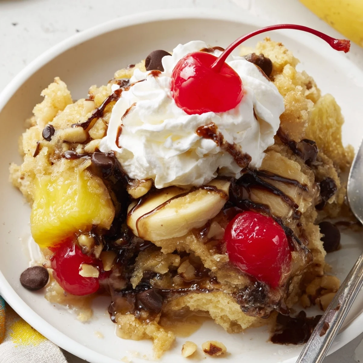 Slice of Banana Split Dump Cake served warm with vanilla ice cream.
