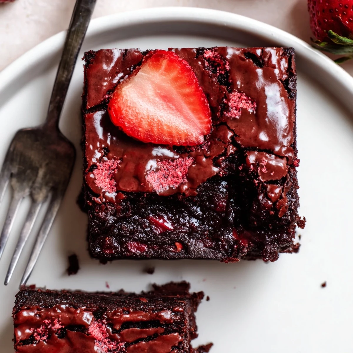 Strawberry Brownies Recipe showing fudgy, glossy squares topped with strawberry glaze