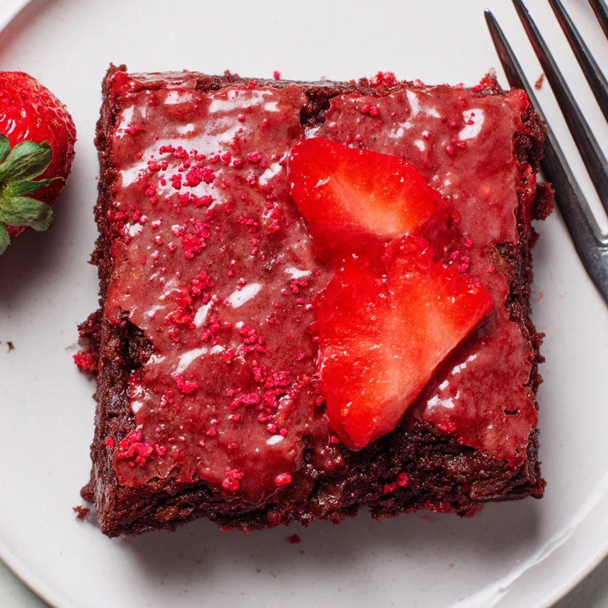 Strawberry Brownies Recipe plated with whipped cream and fresh strawberries, ready to serve