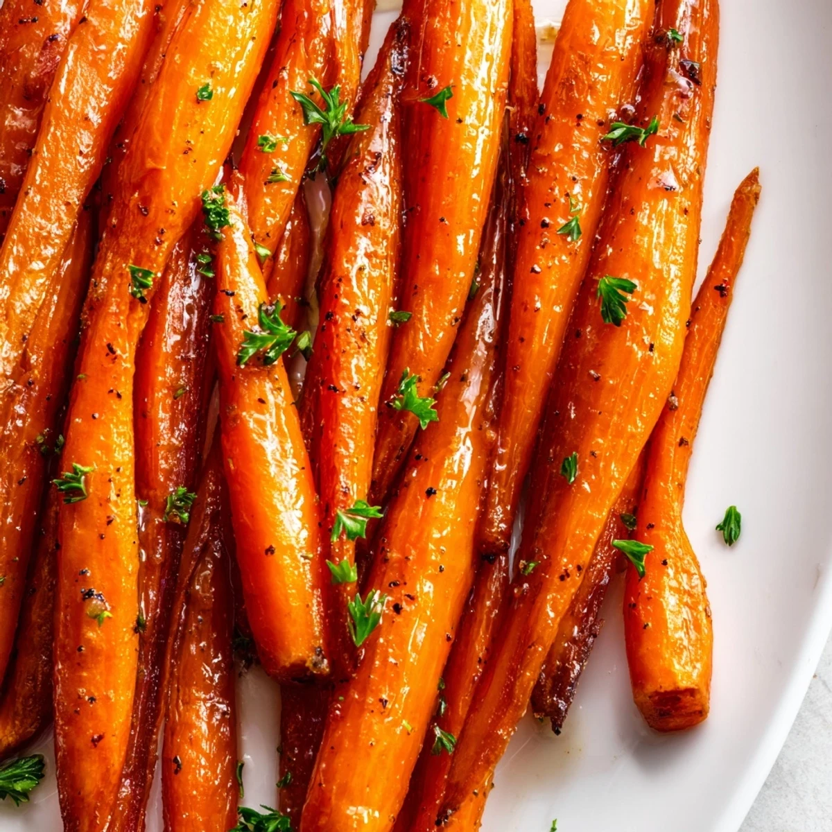 Golden honey glazed carrots glistening with sweet buttery coating on a white serving plate
