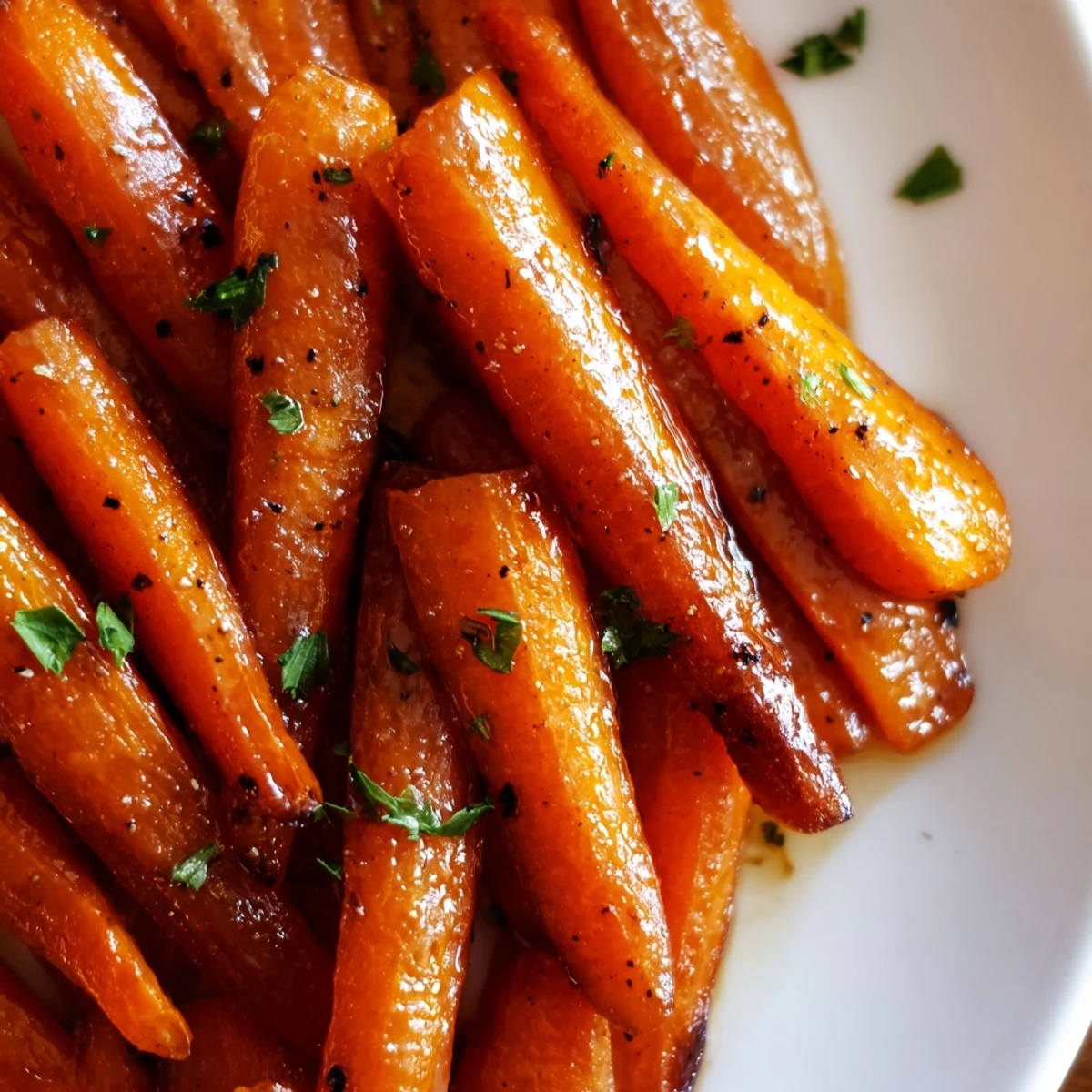 Tender carrot sticks caramelized in glossy honey glaze garnished with fresh green parsley