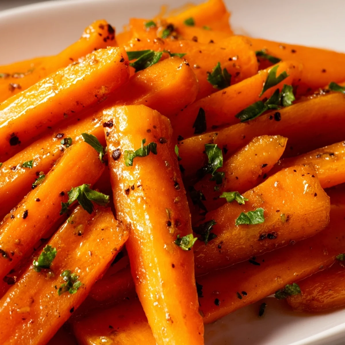 Close up of roasted honey glazed carrots shining with sweet syrupy glaze and melted butter