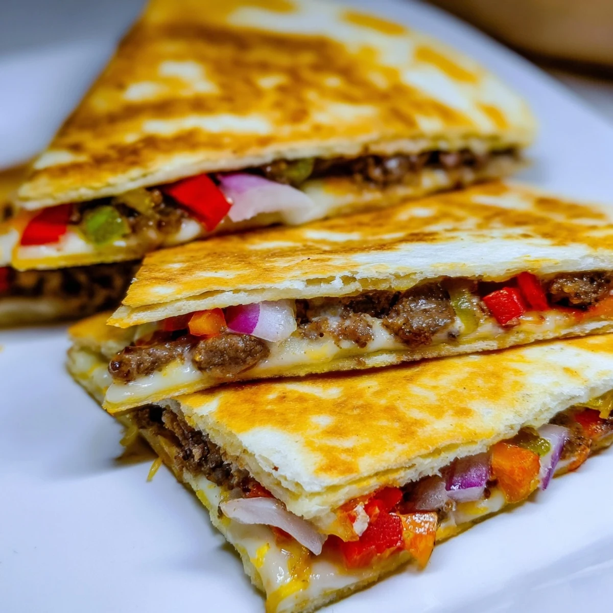 Golden brown Cajun beef sausage quesadillas with melted Monterey Jack and cheddar cheese oozing from crispy flour tortillas