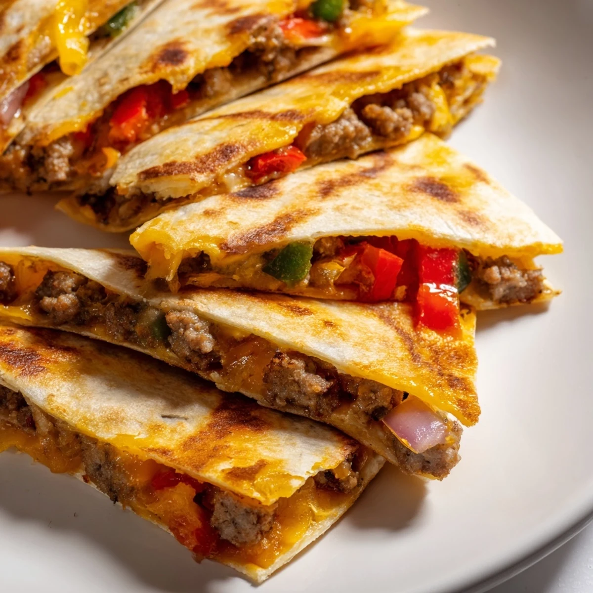 Sliced wedges of Cajun beef sausage quesadillas filled with spicy sausage, colorful bell peppers, and gooey melted cheese