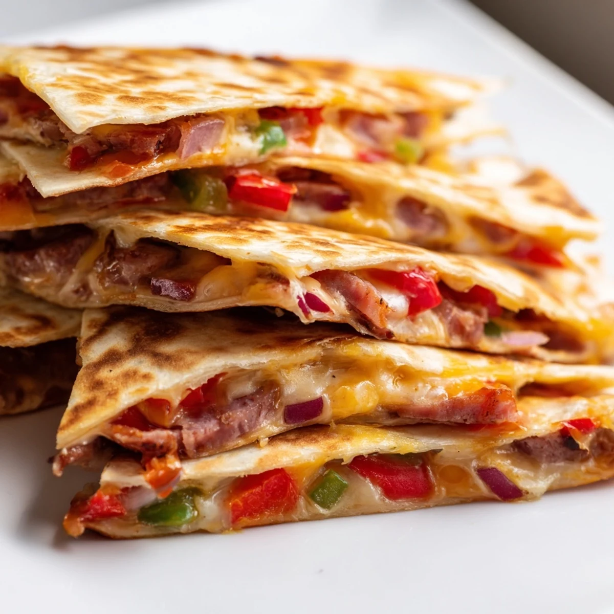 Crispy pan-fried Cajun beef sausage quesadillas stuffed with seasoned beef sausage, sautéed vegetables, and generous melty cheese layers