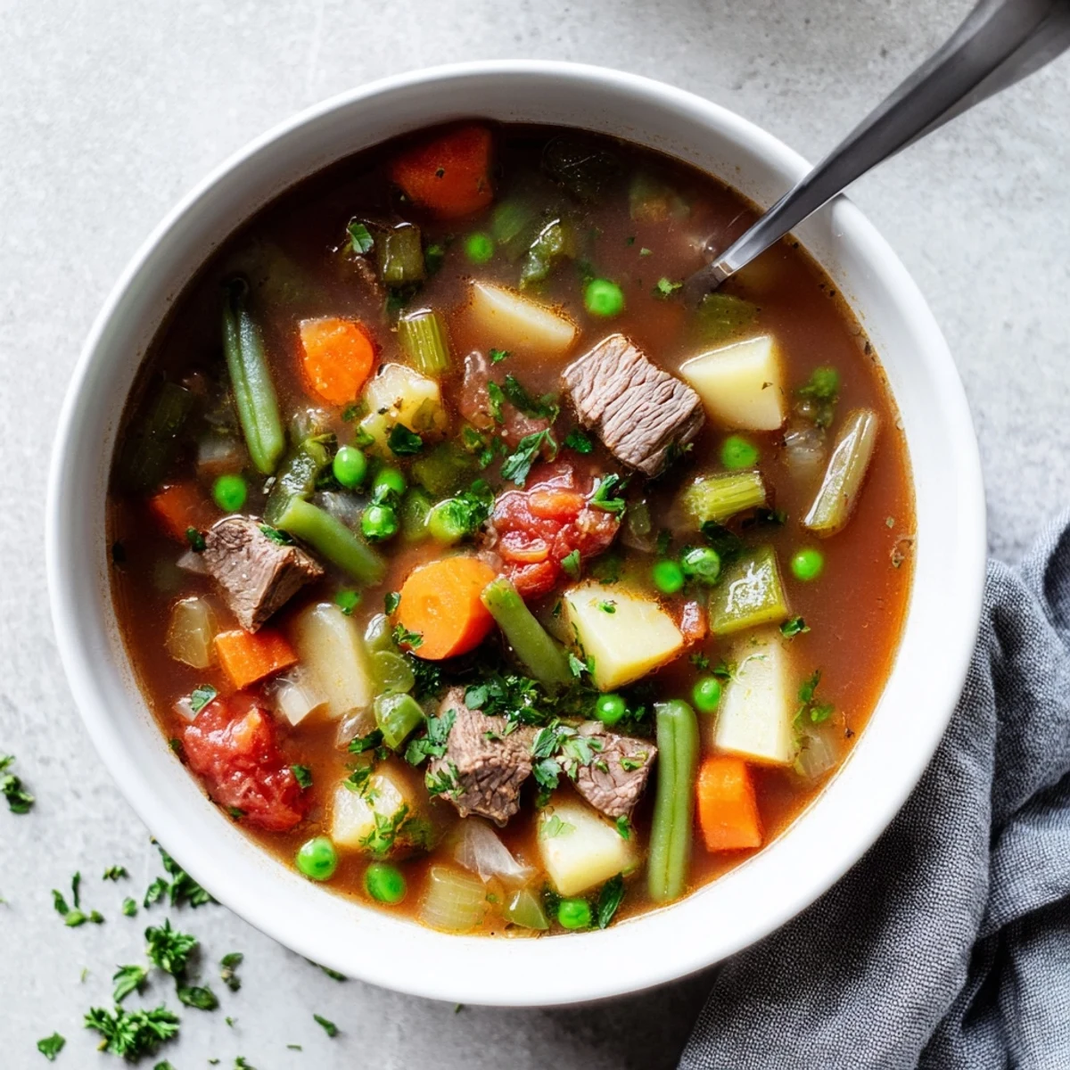 Steaming bowl of hearty braised vegetable beef soup topped with fresh parsley and served with crusty bread
