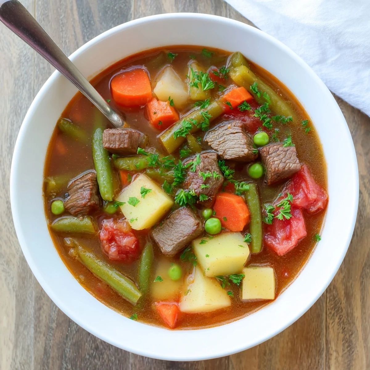 Comforting braised vegetable beef soup with chunks of beef and garden vegetables simmered in savory tomato broth