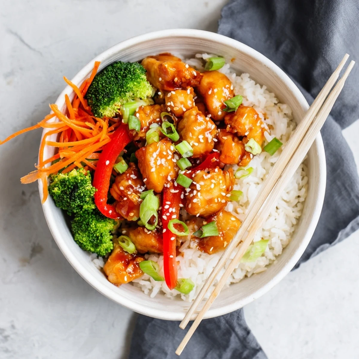 Tender chicken pieces coated in sweet tangy orange sauce served over steamed rice and fresh veggies