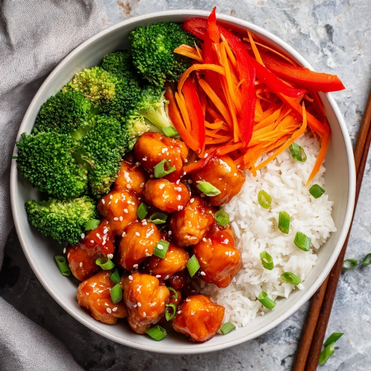 Golden orange glazed chicken over fluffy rice with colorful steamed vegetables in a bowl