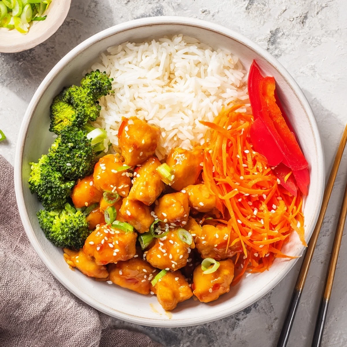 Vibrant Asian-inspired bowl featuring citrus glazed chicken with broccoli carrots and fluffy jasmine rice