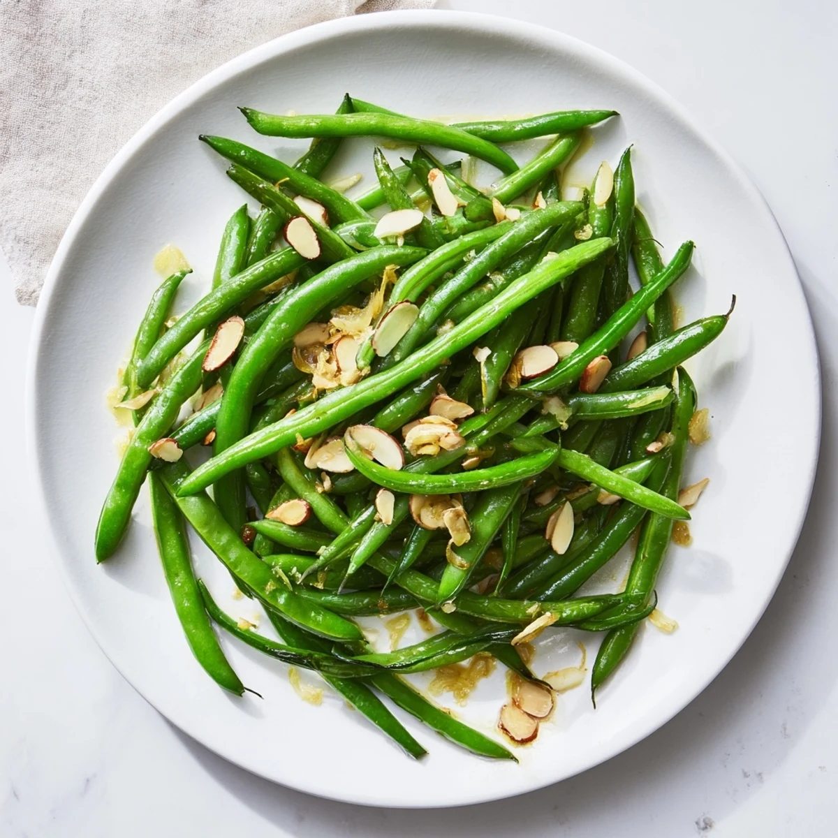 Crisp tender green beans in a white bowl topped with toasted sliced almonds