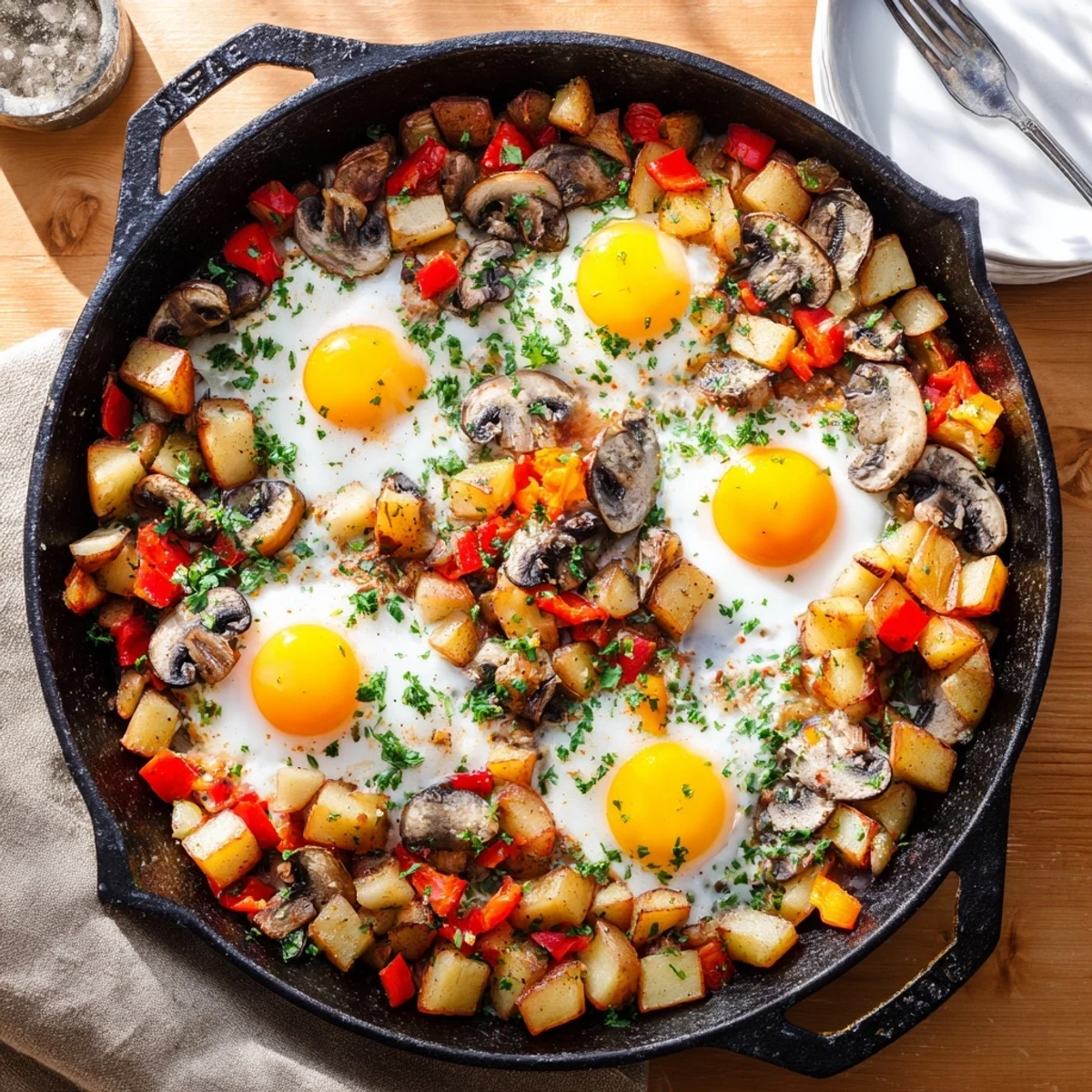 Golden skillet breakfast hash with eggs featuring crispy diced potatoes and colorful vegetables