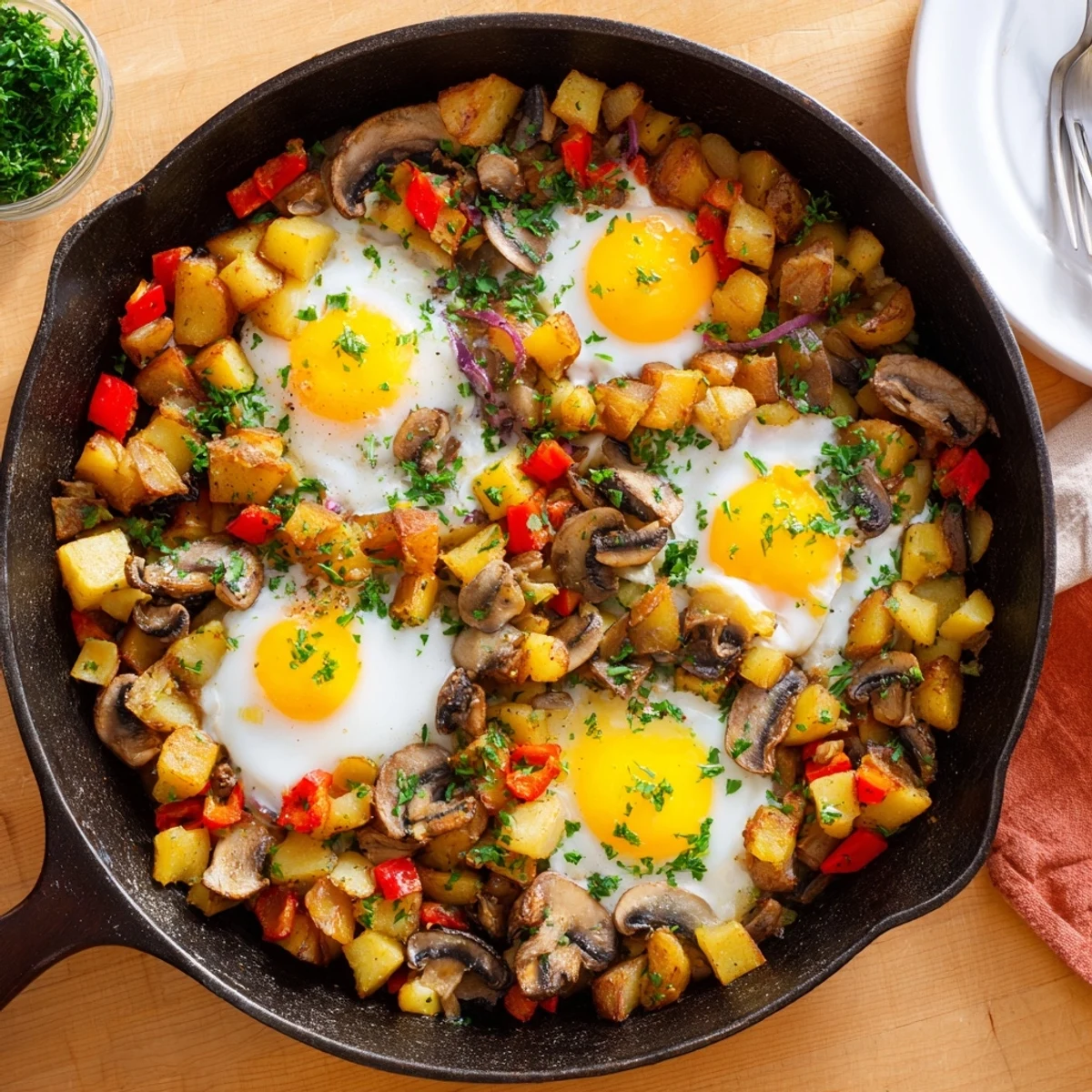 Sizzling breakfast hash with eggs topped with perfectly sunny-side up eggs and diced bell peppers