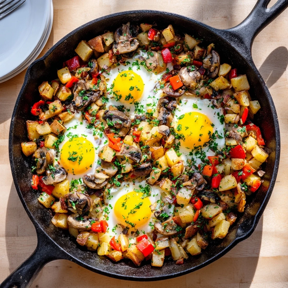 Hearty breakfast hash with eggs cooked in a cast iron skillet with fresh parsley garnish