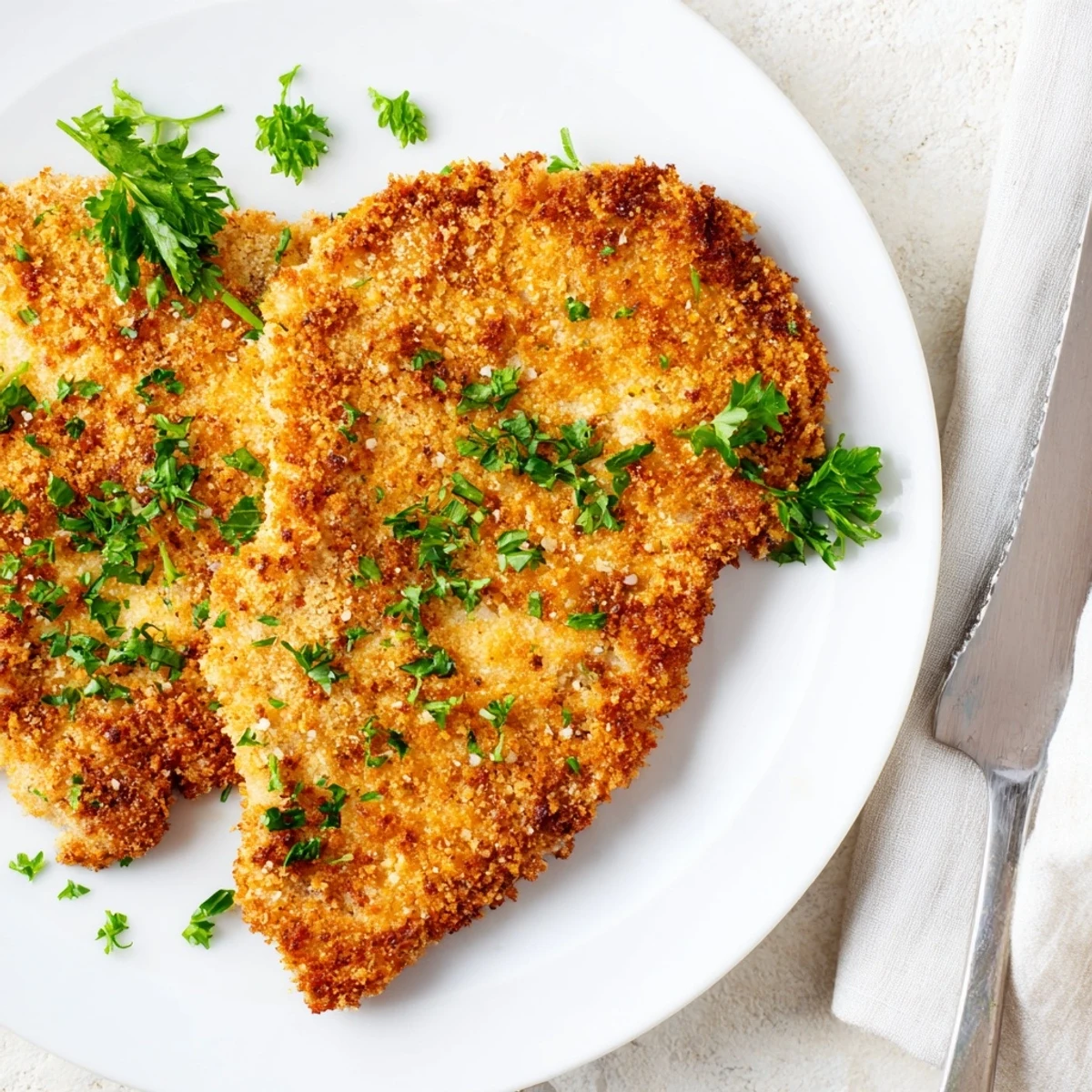 Golden crispy beef escalope Milanese with crunchy panko Parmesan coating served with fresh lemon wedges