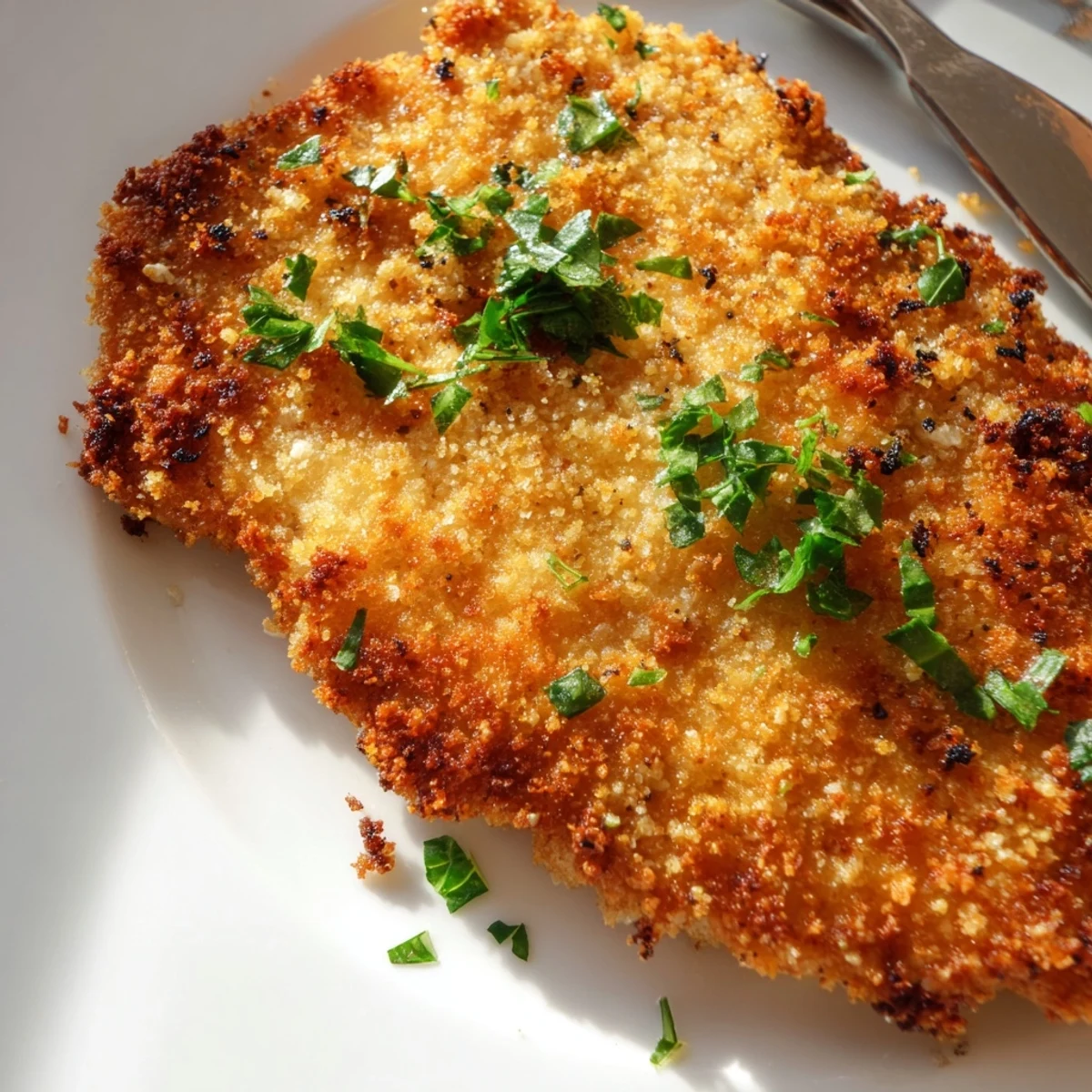 Tender fried beef escalopes in golden breadcrumbs garnished with parsley and lemon on a white plate