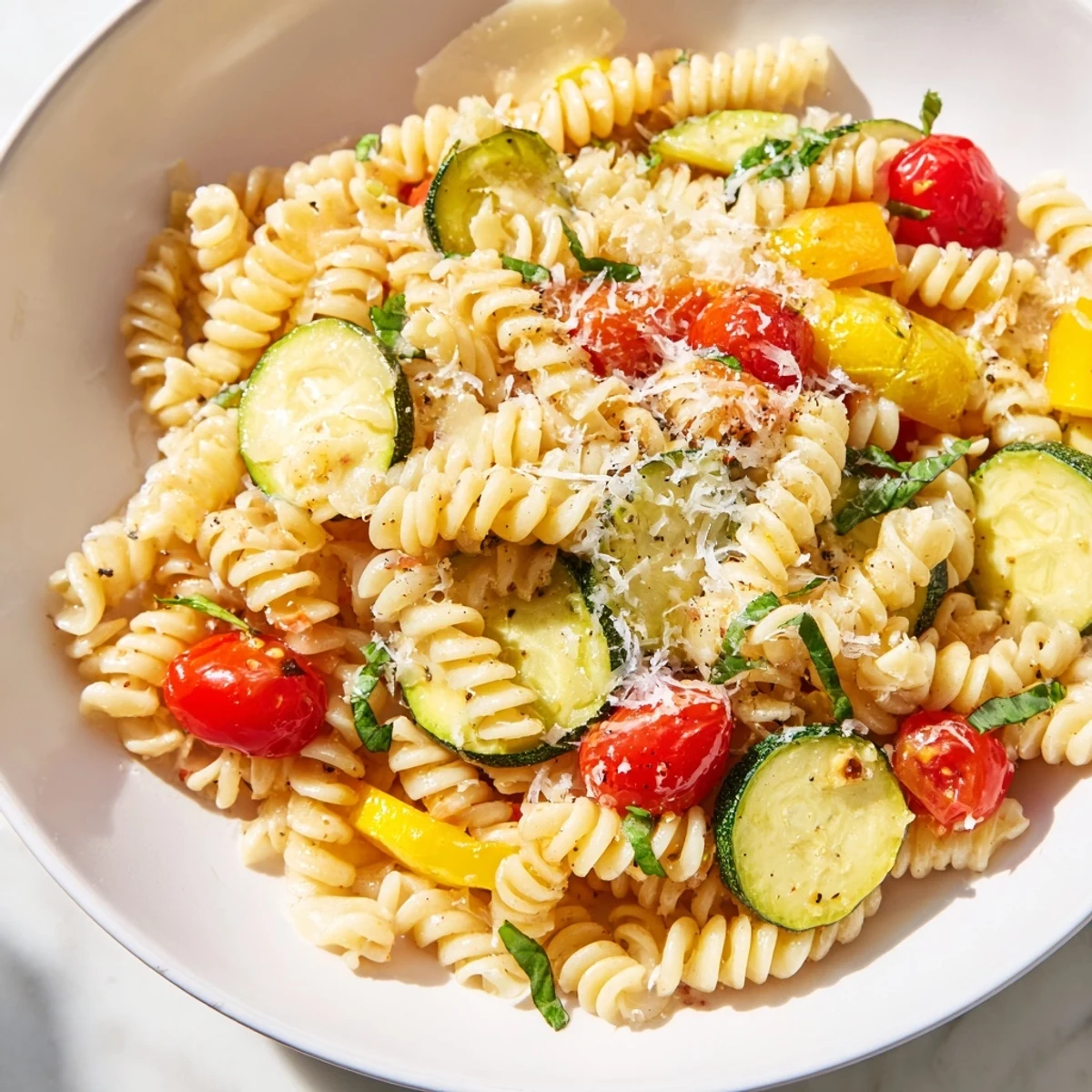 Golden summer squash pasta skillet with tender zucchini, cherry tomatoes, and fresh basil in a light savory sauce