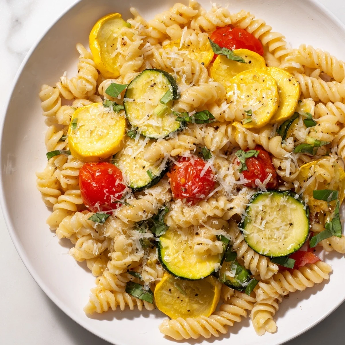 One-pan summer squash pasta featuring colorful vegetables, al dente noodles, and grated Parmesan on a rustic wooden table