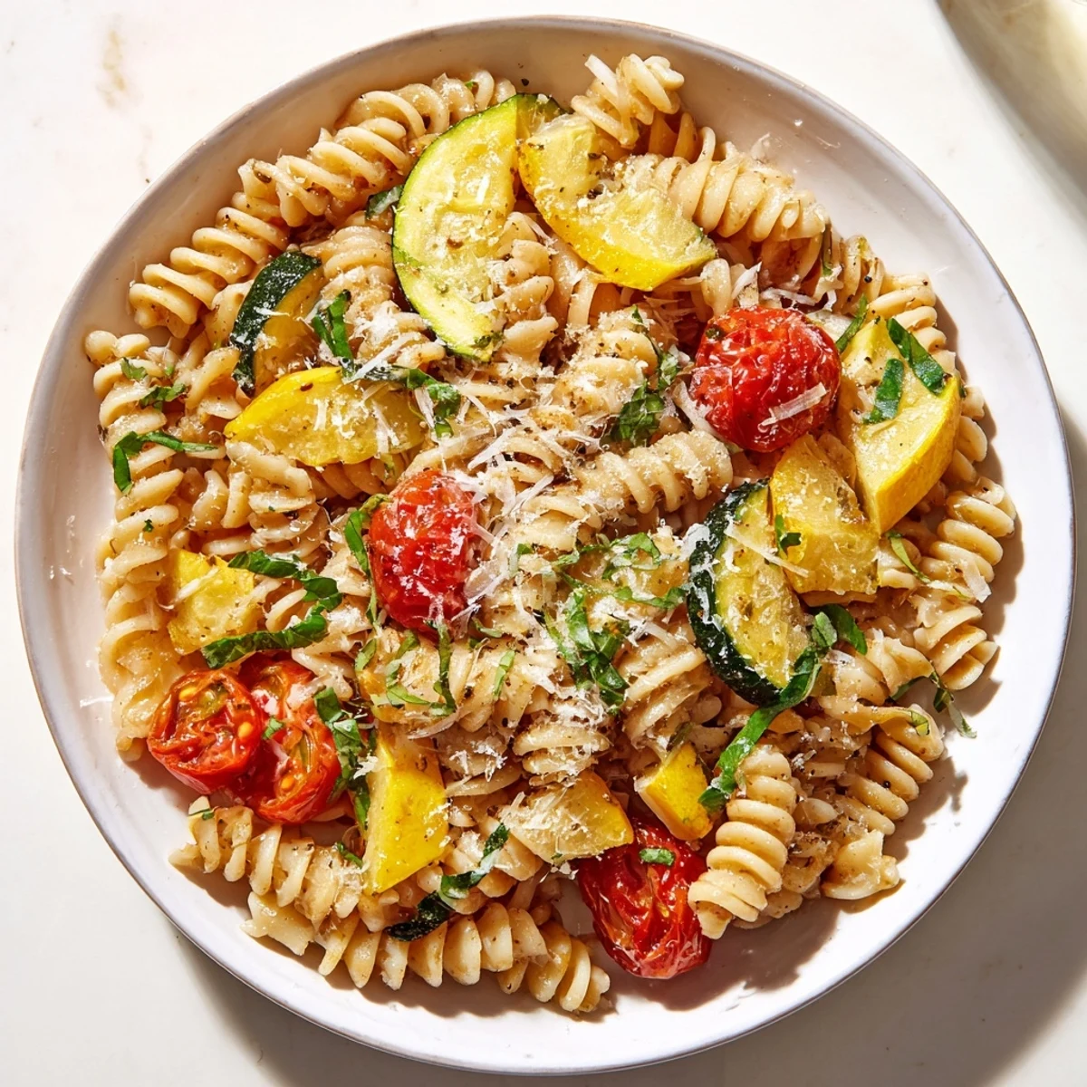 Vibrant skillet of summer squash pasta tossed with ripe tomatoes and herbs, ready for a quick vegetarian weeknight dinner