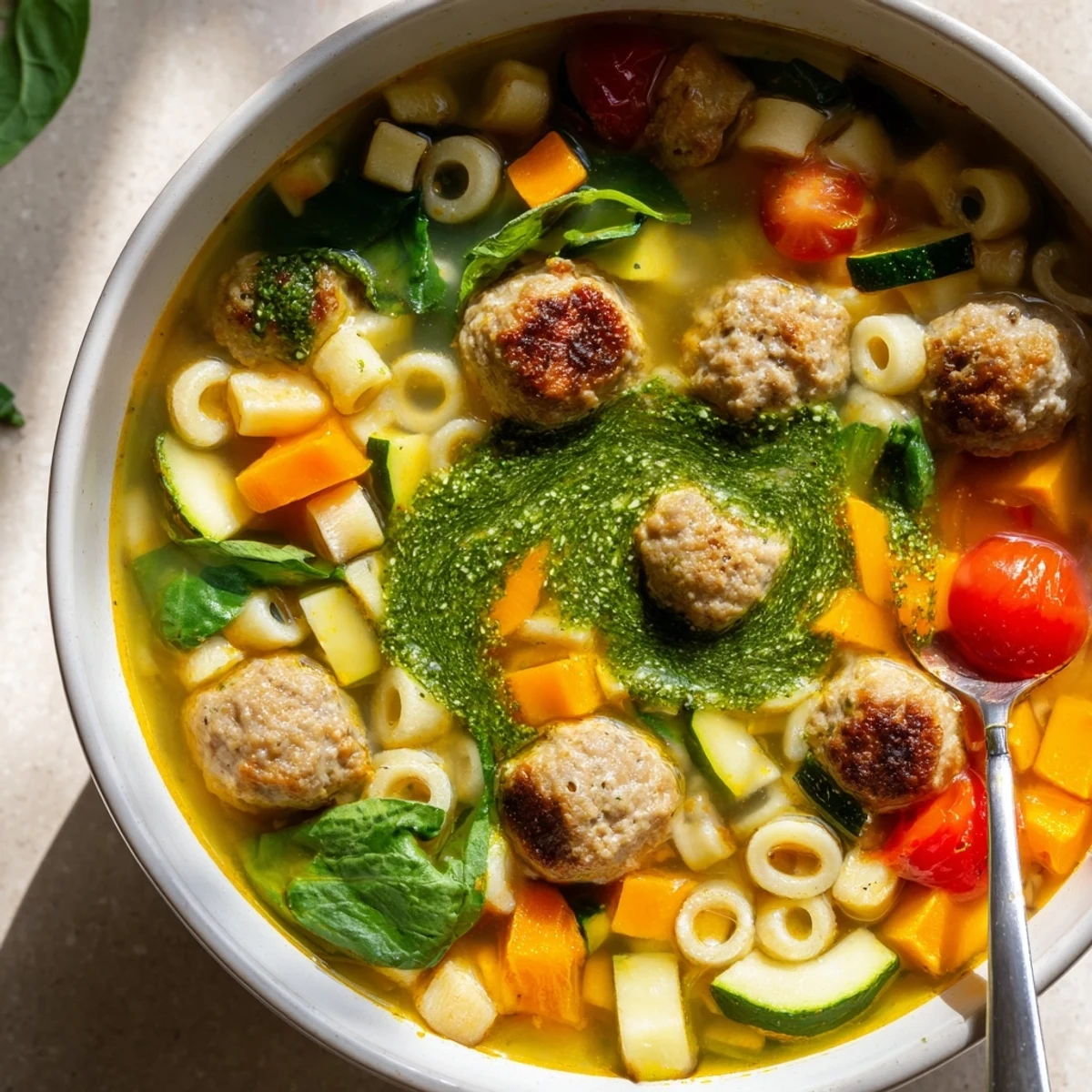 Steaming bowl of summer pesto mini meatball soup garnished with fresh basil and grated parmesan