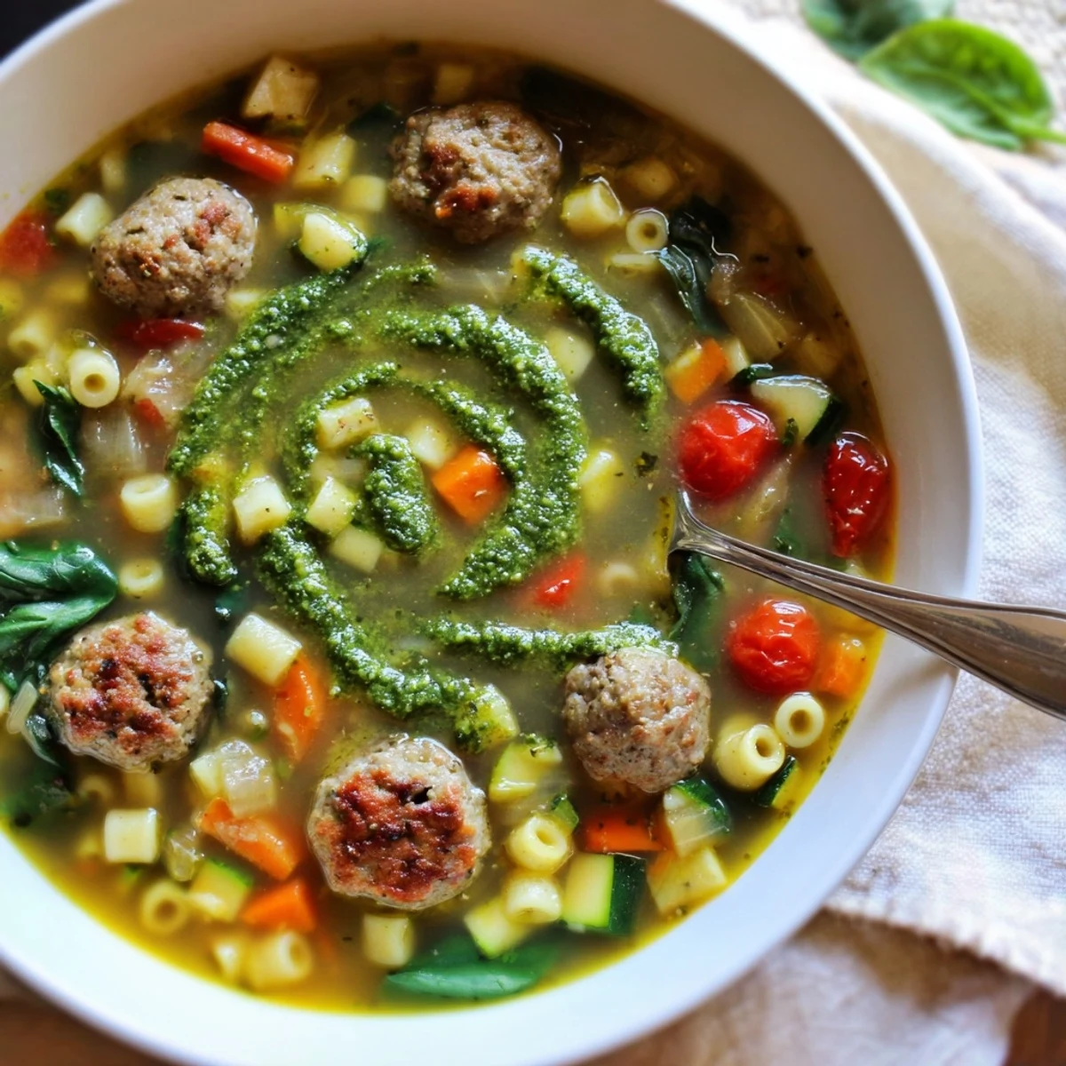 Hearty Italian soup featuring tender chicken meatballs, colorful vegetables, and vibrant green pesto swirl