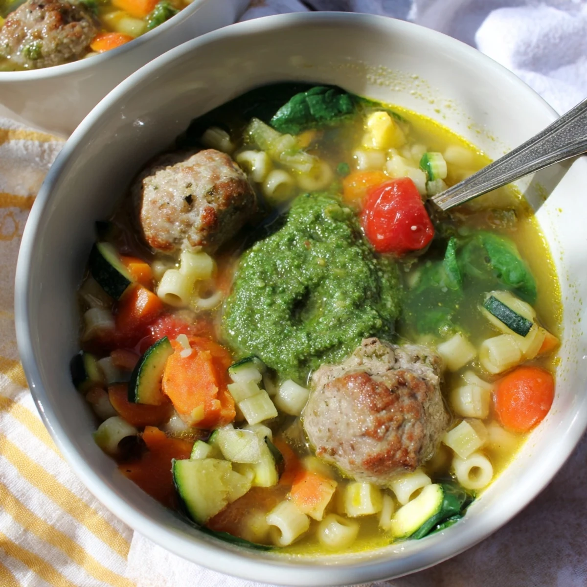 Spoon lifting mini meatballs and pasta from flavorful summer pesto soup with cherry tomatoes