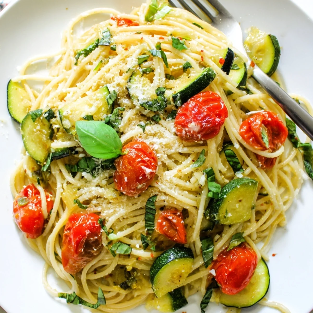 Golden tomato zucchini pasta tossed in olive oil with fresh basil and Parmesan cheese