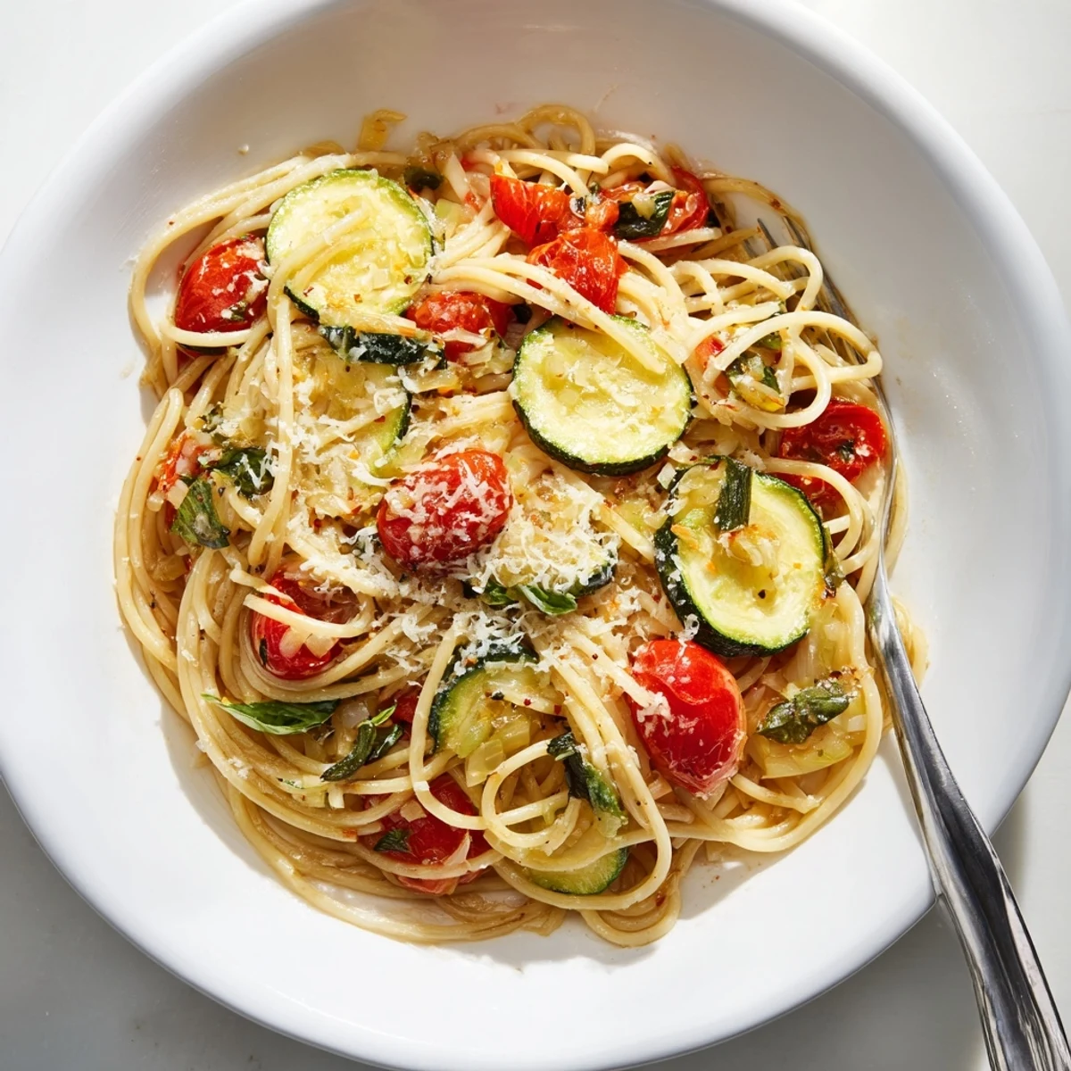 Light and healthy tomato zucchini pasta with sautéed vegetables and al dente spaghetti strands
