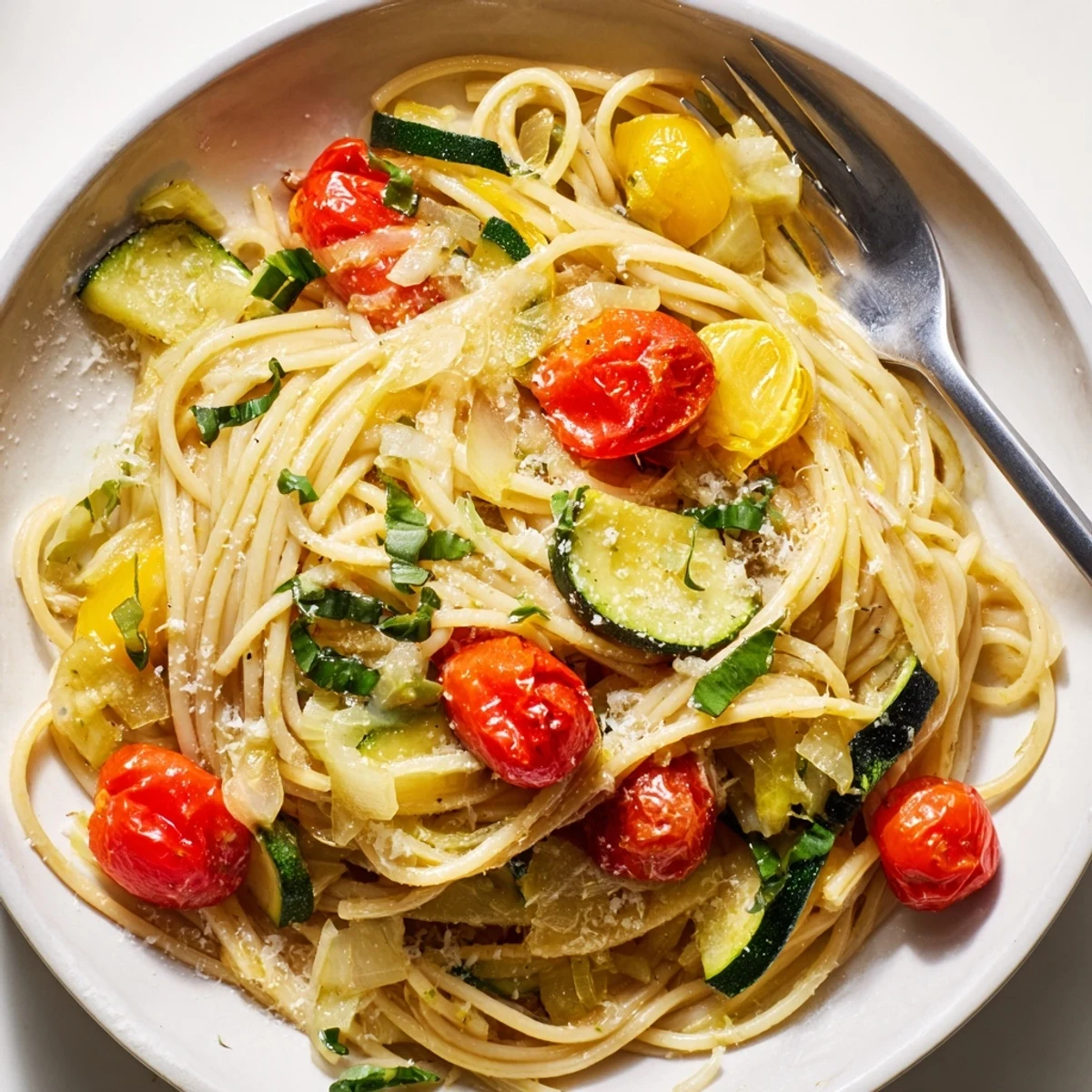 Vibrant tomato zucchini pasta dish featuring tender zucchini slices, cherry tomatoes, and grated Parmesan