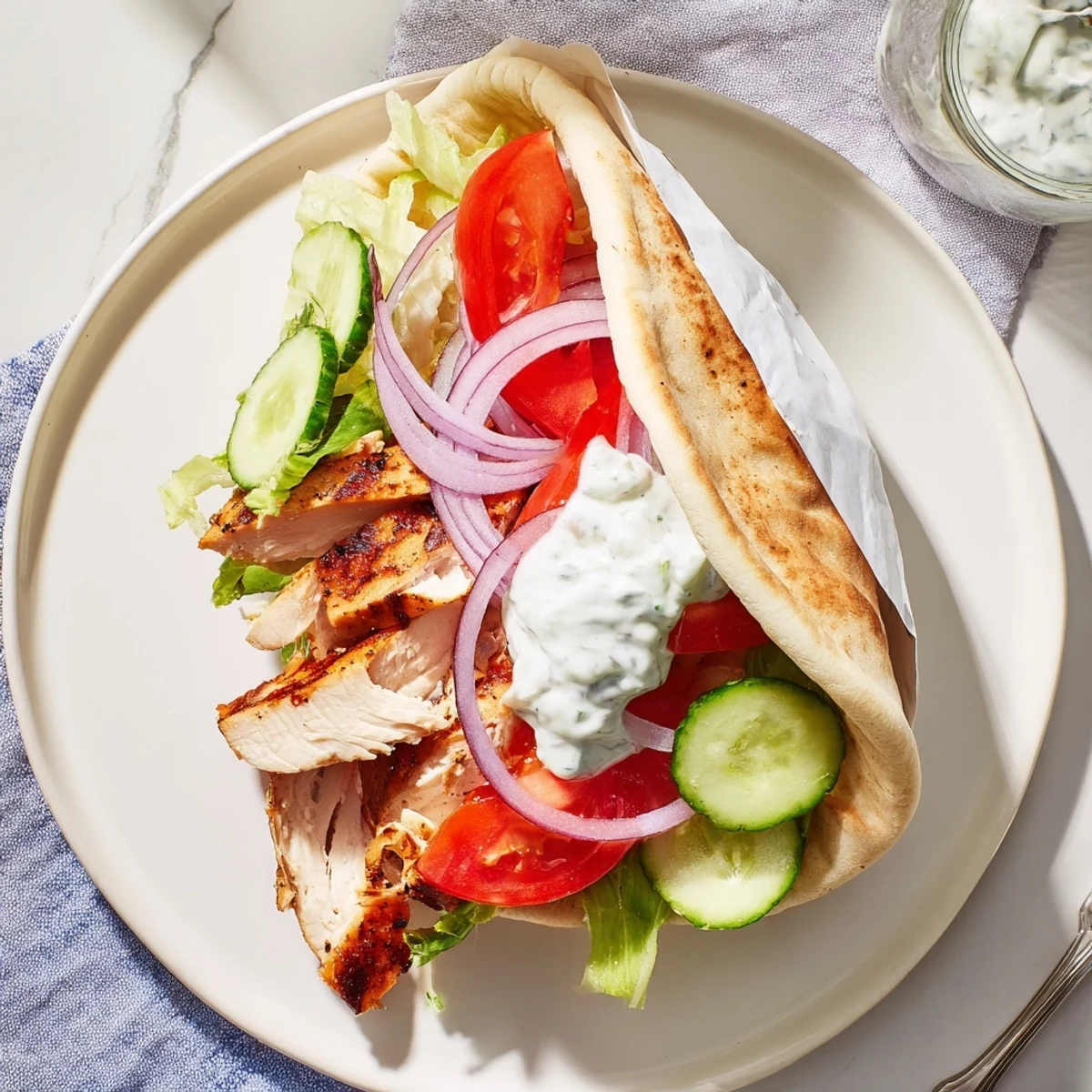 Golden Greek grilled chicken pita with sliced tomatoes, crisp lettuce, and cool tzatziki sauce wrapped in warm pita bread