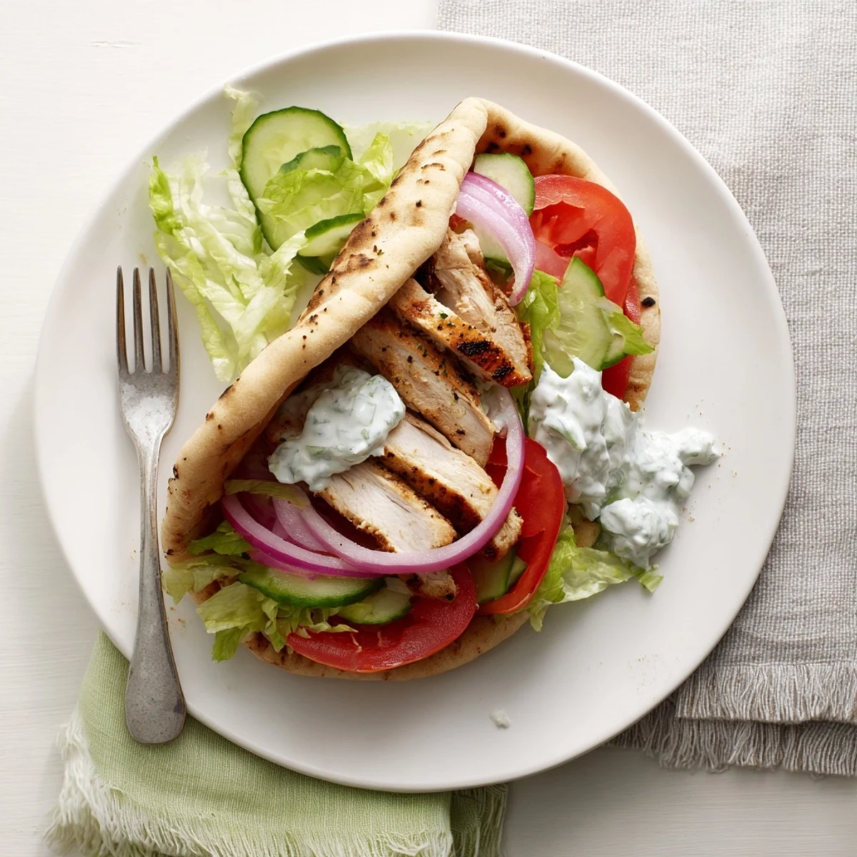 Savory Greek grilled chicken pita sandwich overflowing with marinated chicken, red onion, cucumber, and creamy garlic yogurt sauce