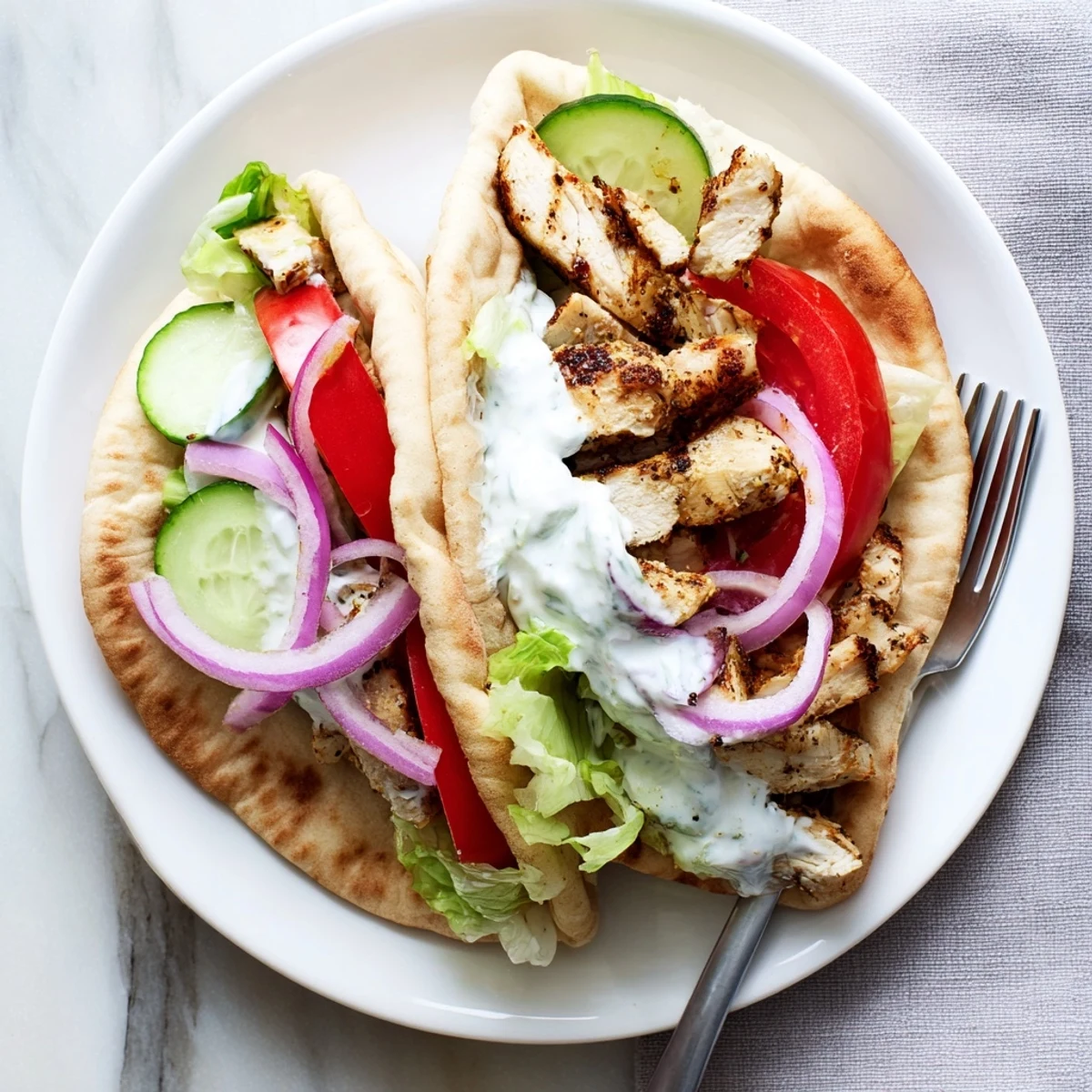 Mediterranean-style Greek grilled chicken pita featuring charred chicken breast, fresh vegetables, and tangy tzatziki in a soft pita pocket