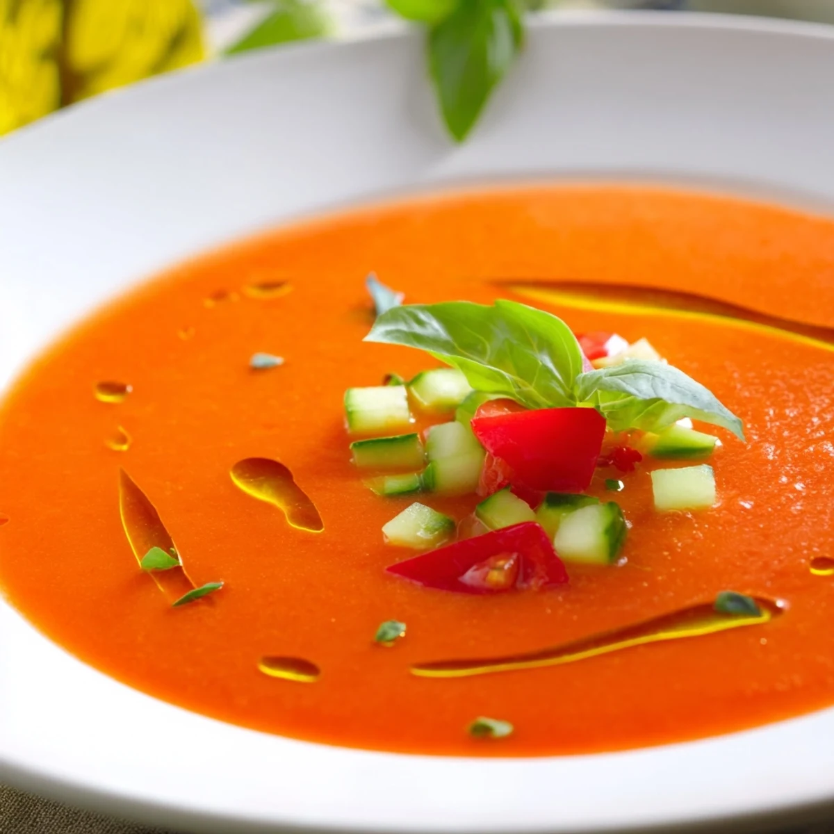 Chilled gazpacho soup featuring vibrant red tomato base topped with colorful diced vegetable garnish
