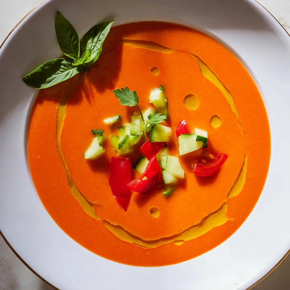 Creamy gazpacho recipe served in clear glass bowl with fresh cucumber and bell pepper chunks