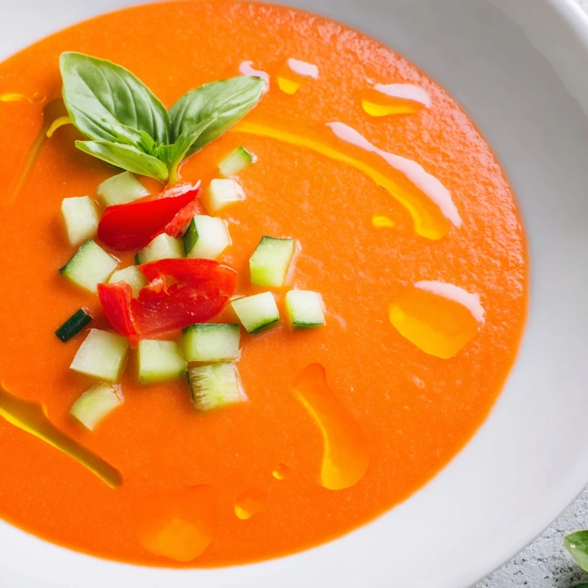 Rustic Spanish gazpacho drizzled with olive oil and garnished with freshly chopped herbs