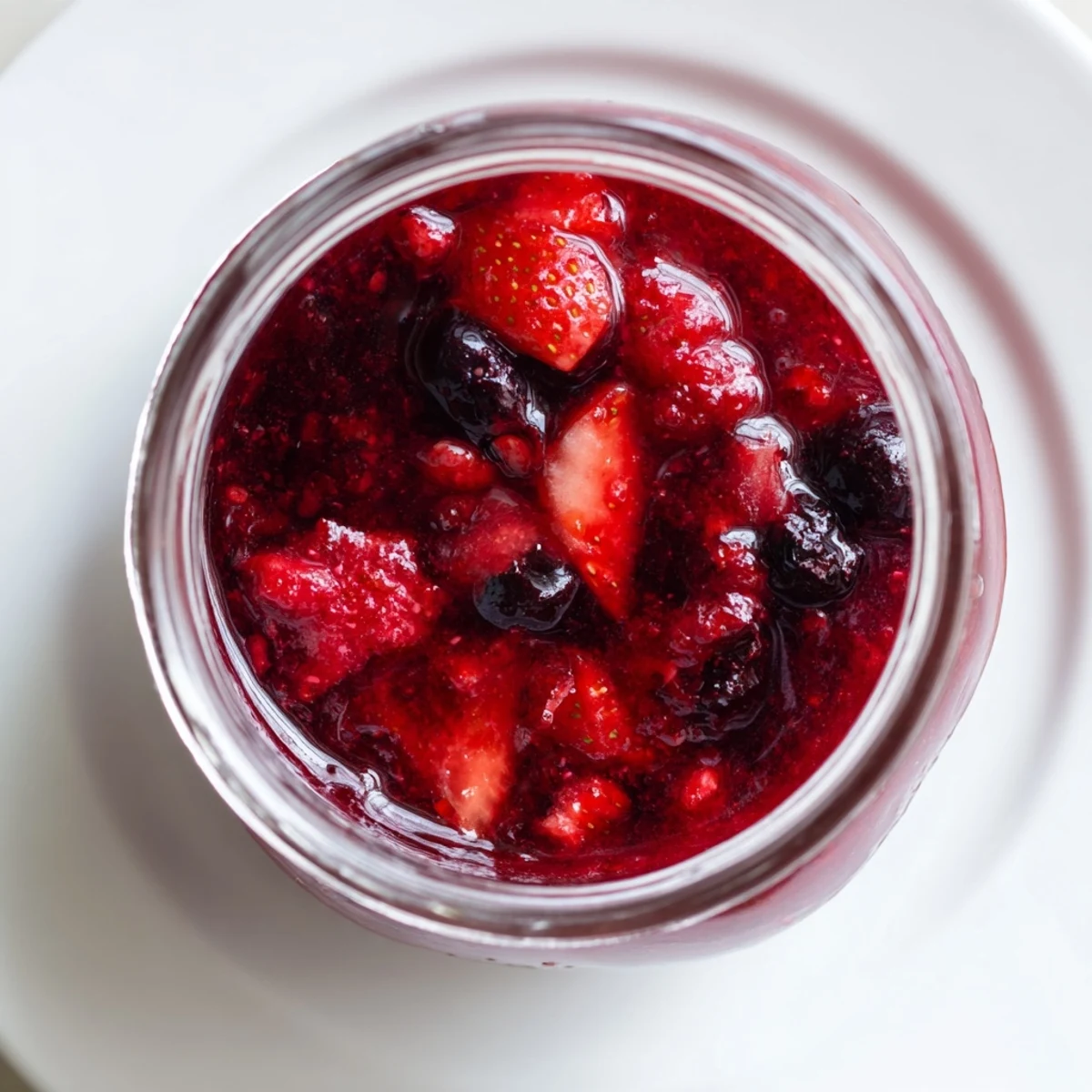 Glossy jar of strawberry rhubarb raspberry jam spread thick on golden buttered toast