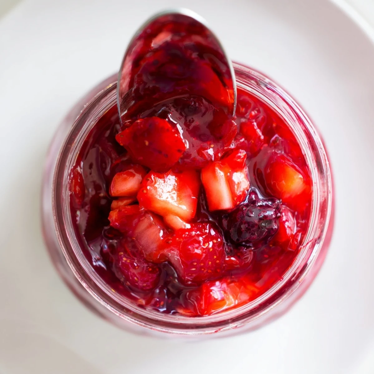Homemade strawberry rhubarb raspberry jam glistening ruby red in glass canning jars