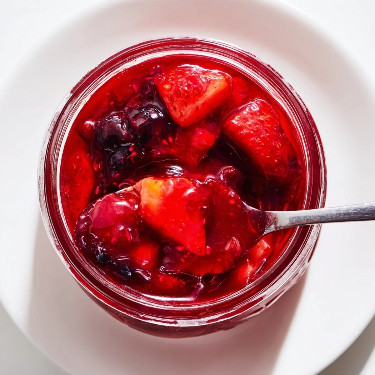 Spoonful of vibrant strawberry rhubarb raspberry jam swirled into creamy white yogurt bowl