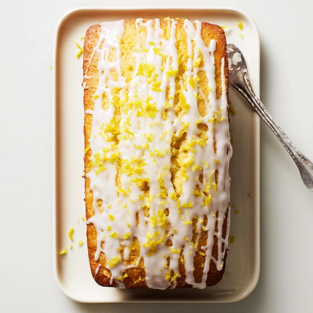 Golden Greek yogurt lemon loaf drizzled with white glaze on a wooden board