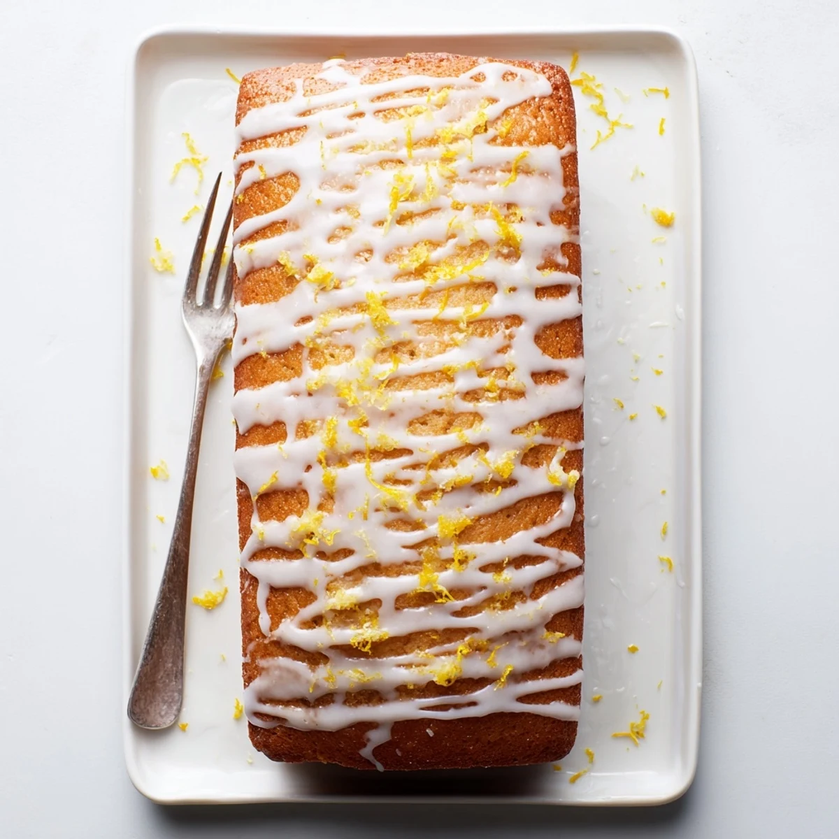 Moist lemon loaf cake slice plated with fresh lemon wedges and powdered sugar dusting