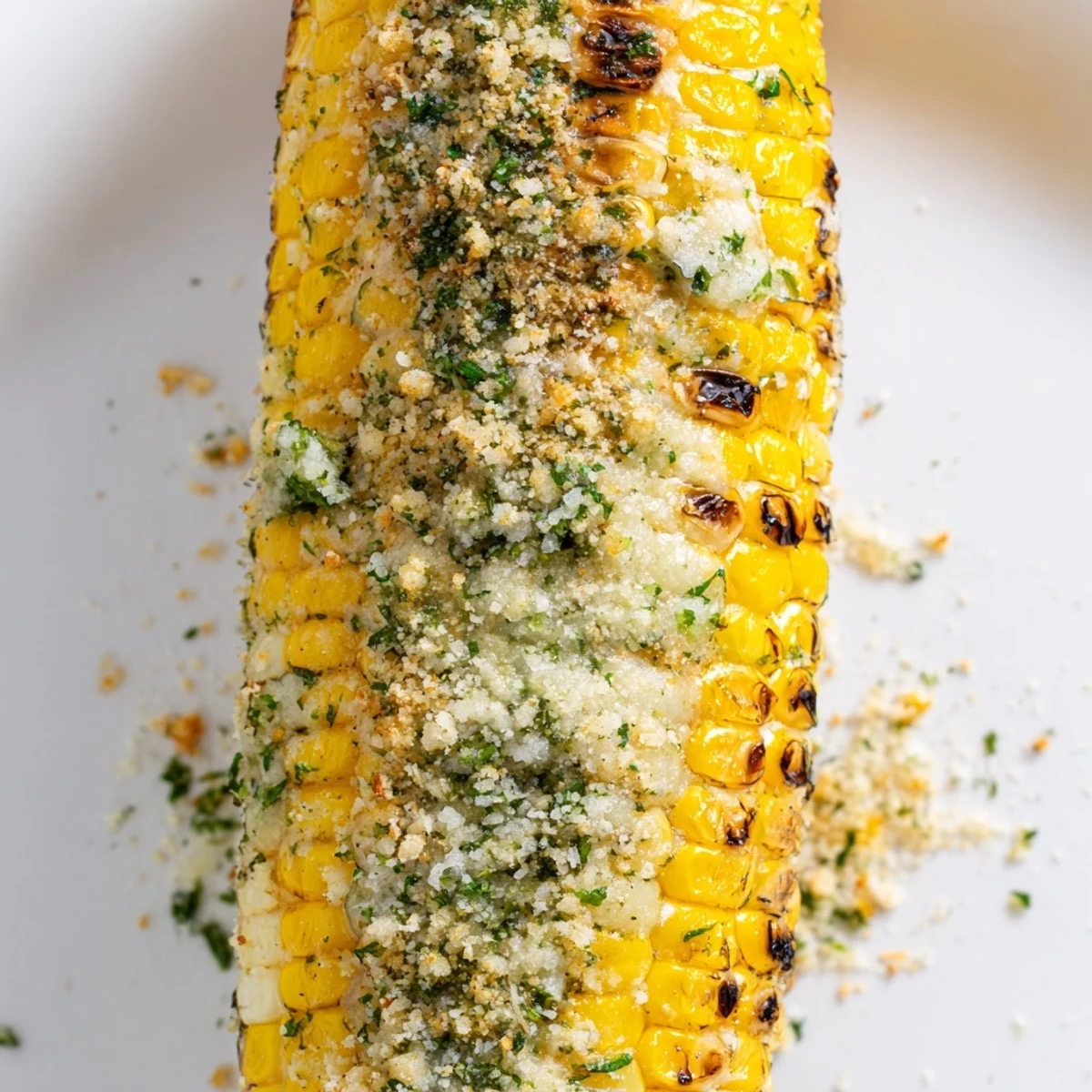 Golden grilled corn on the cob coated in savory parmesan ranch herb mixture with fresh green parsley garnish