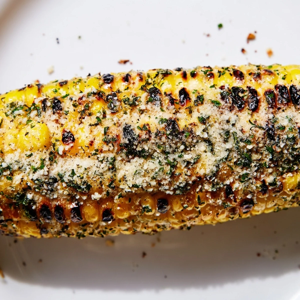 Hot grilled corn on the cob generously sprinkled with melted parmesan cheese and ranch herbs on a white serving platter